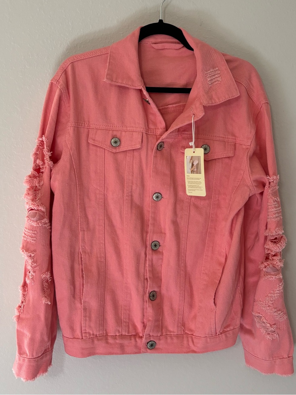 NWT Ebossy Pink Distressed Denim Jacket Ripped Sleeves Oversized M